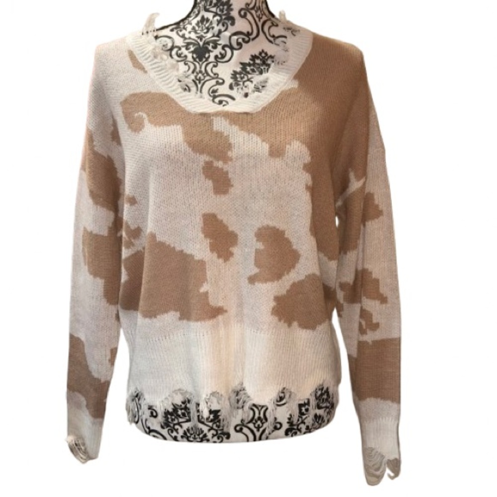 No Comment Juniors Small Knit Fringe Oversized Tan Cow Print Sweater